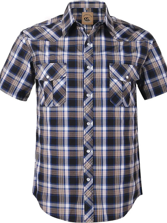 COEVALS CLUB Men's Casual Western Plaid Shortsleeve Cowboy Shirt - Durable Polyester-Cotton Blend Work Top, Breathable Lightweight, Pearl Snap Buttons, Western Style Wardrobe Staples for Summer Vacation, Wild West Outdoors