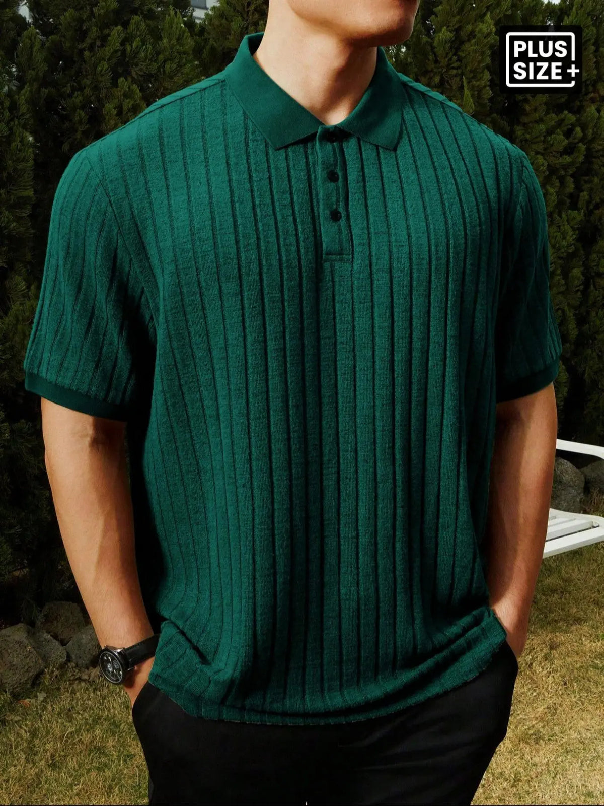 【Plus Size】Men's Plus Size Solid Rib-Knit Casual Polo Shirt, Plain Collar Shirt, Formal, Short Sleeve, Summer, Collared Polo Shirt, Plain Polo Shirts, Summer Polos