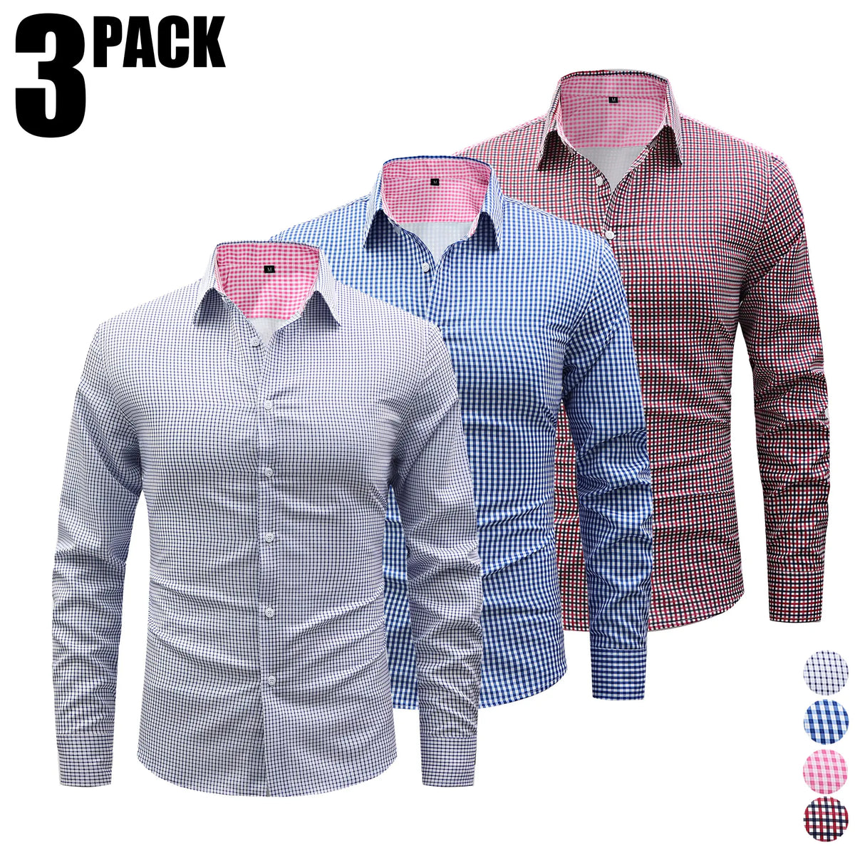 Men’s 3-Pack Plaid Long Sleeve Shirts - Buttoned Front, Small Checkered Print, Wrinkle-Free Breathable Fabric, Business Casual Commuter Tops, Blue Checkered Print Men’s Casual Shirts, Plaid with Class