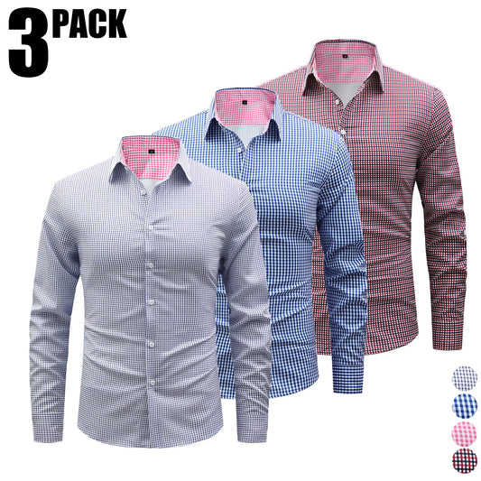 Men’s 3-Pack Plaid Long Sleeve Shirts - Buttoned Front, Small Checkered Print, Wrinkle-Free Breathable Fabric, Business Casual Commuter Tops, Blue Checkered Print Men’s Casual Shirts, Plaid with Class