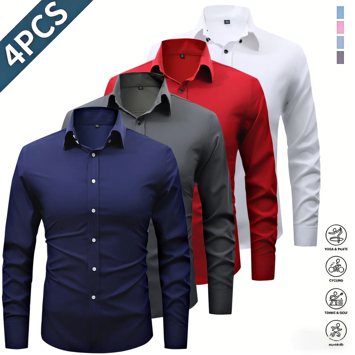 Men’s Solid-Color Long-Sleeve Shirts (4-Pack) - Fashion Apparel with Notched Lapel Collar, Comfortable Neck Button Placement, Sharp Structured Fit, Stretch Fabric, Mens Gifts for Fathers Day, 4 Shirts Refresh Your Rotation