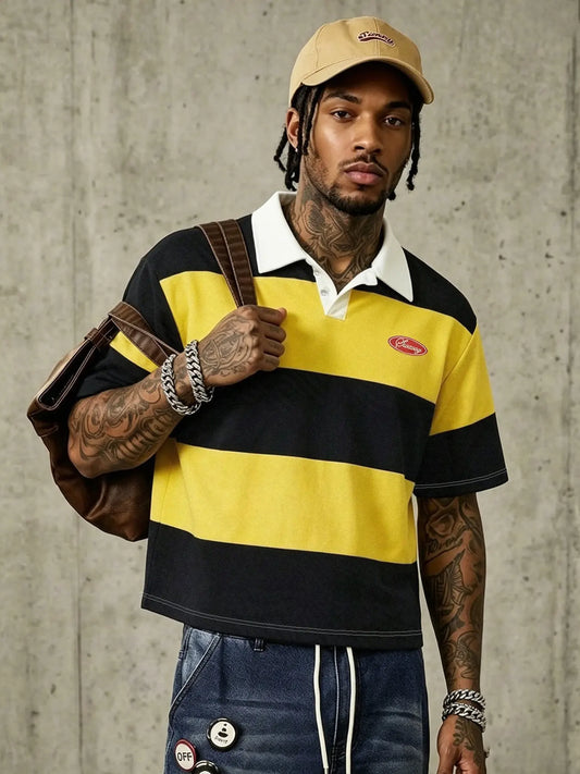 American College Style Classic Casual Striped Polo Streetwear, Casual Polo Shirts, Loose-Fitting Turn-Down Collar Short-Sleeve T-Shirt, Versatile Top for Men, Menswear