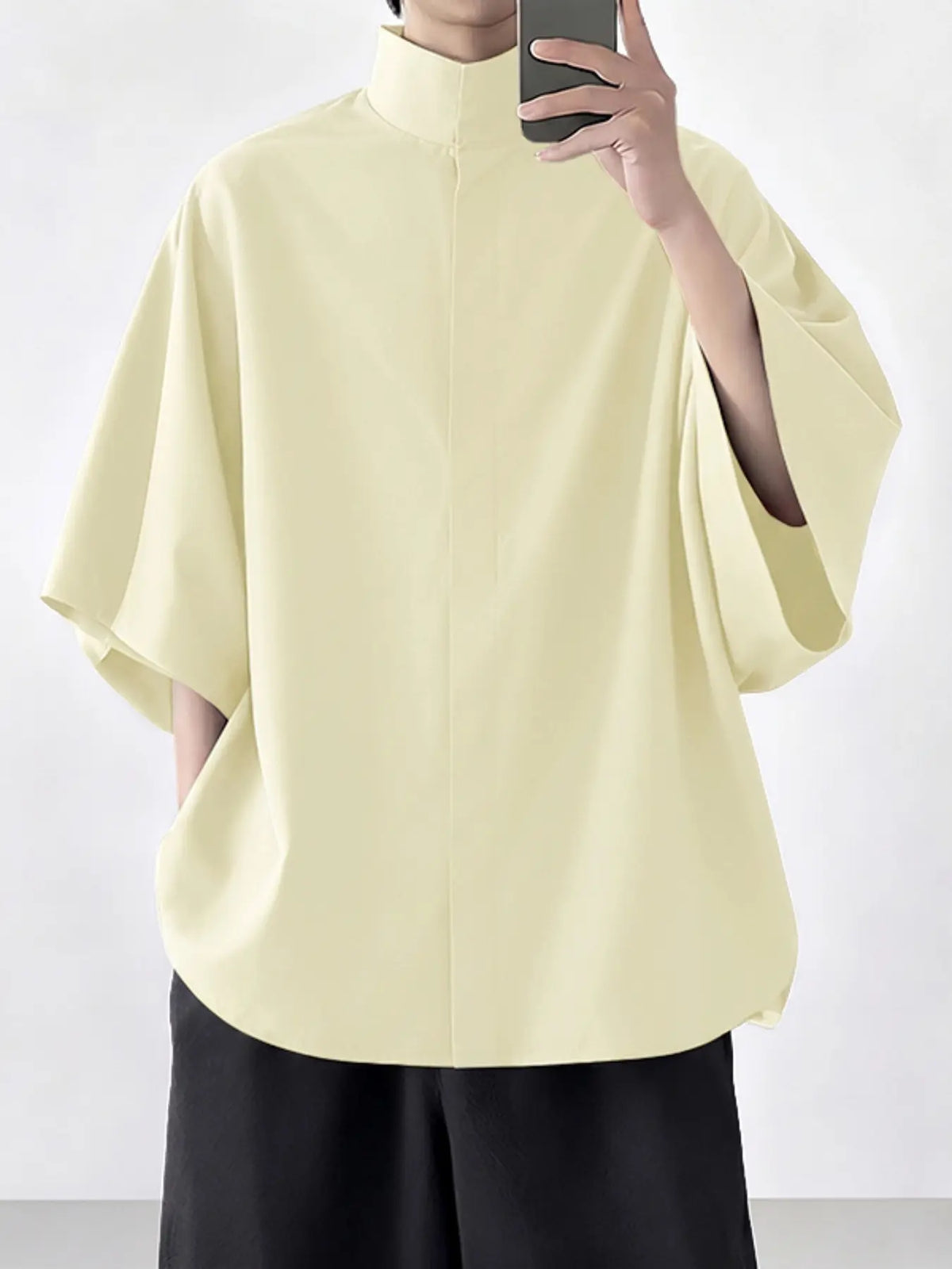 INCERUN Men's Plain Half Sleeve Hoodie, Casual Loose-Fitting Long Shirt, H Type Silhouette, Perfect for Early Autumn Fashion
