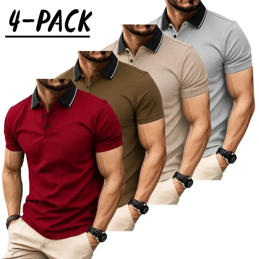 Men’s short sleeve polo shirt set of four pieces with a turn down collar and three buttons; urban casual style with contrast piping at the collar, slim tailored shoulders, and refined bead detailing. Suitable for men’s commuting, shopping, and exploring s