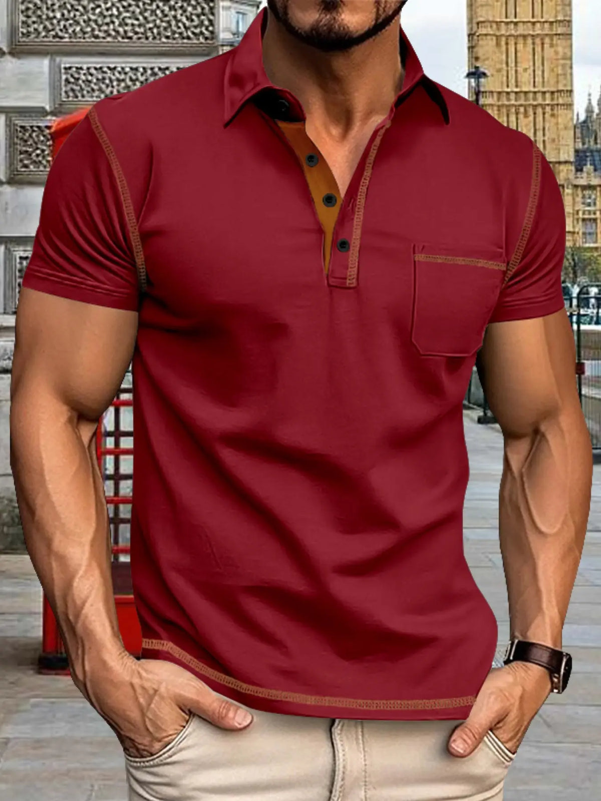 Men's Summer Turn-Down Collar Button Long Sleeve Polo Shirt, Buttoned Polo Shirt, Casual Basic Fit, Luxurious Vintage Style, Short Sleeve T-Shirt