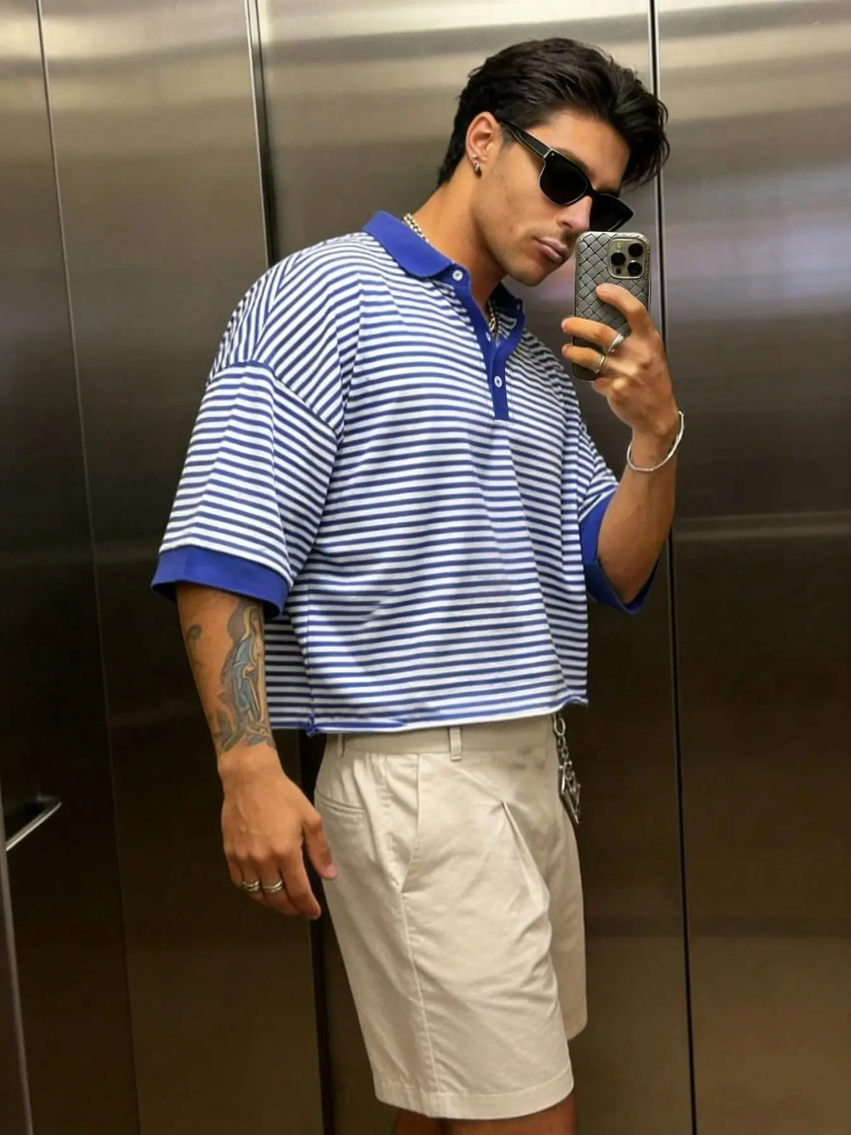 1 Pack Men's Cropped Oversized American Buttoned Polo Shirt Blue White Striped Striped Polo Neck Loose Fit Casual Preppy Fashion Short Sleeve Polo Top for Men Summer Daily Street Commute Wear