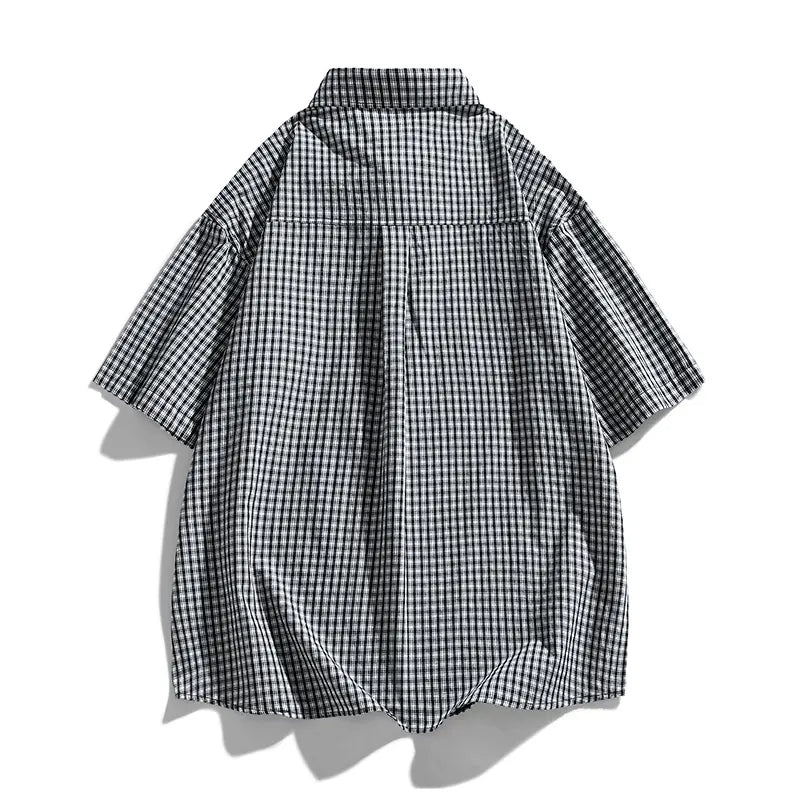 Men's Cotton Collared Neck Blue Checked Gingham Plaid Short-Sleeve Button-Down Tops - Oversized Loose Fit Menswear, Lightweight Breathable, Chest Pocket, Stylish Classical Man Style, Casual for Summer Beach Vacation