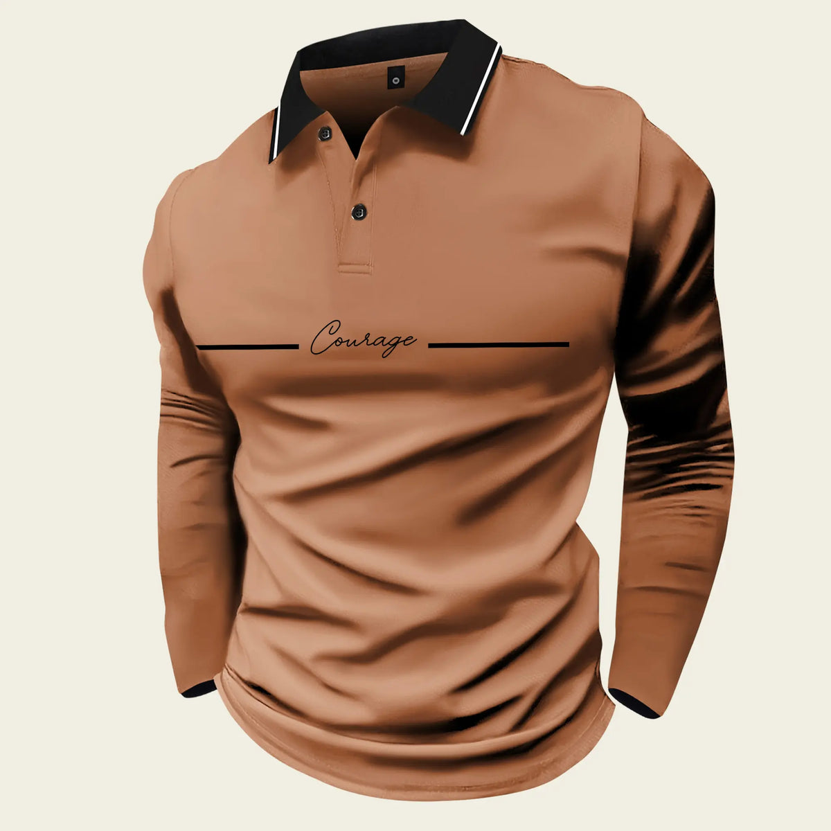 Men's Long Sleeve Polo Shirt with 'Courage' Print, Casual and Business Casual Attire for Fall/Spring, Lightweight and Ideal for Daily Outings