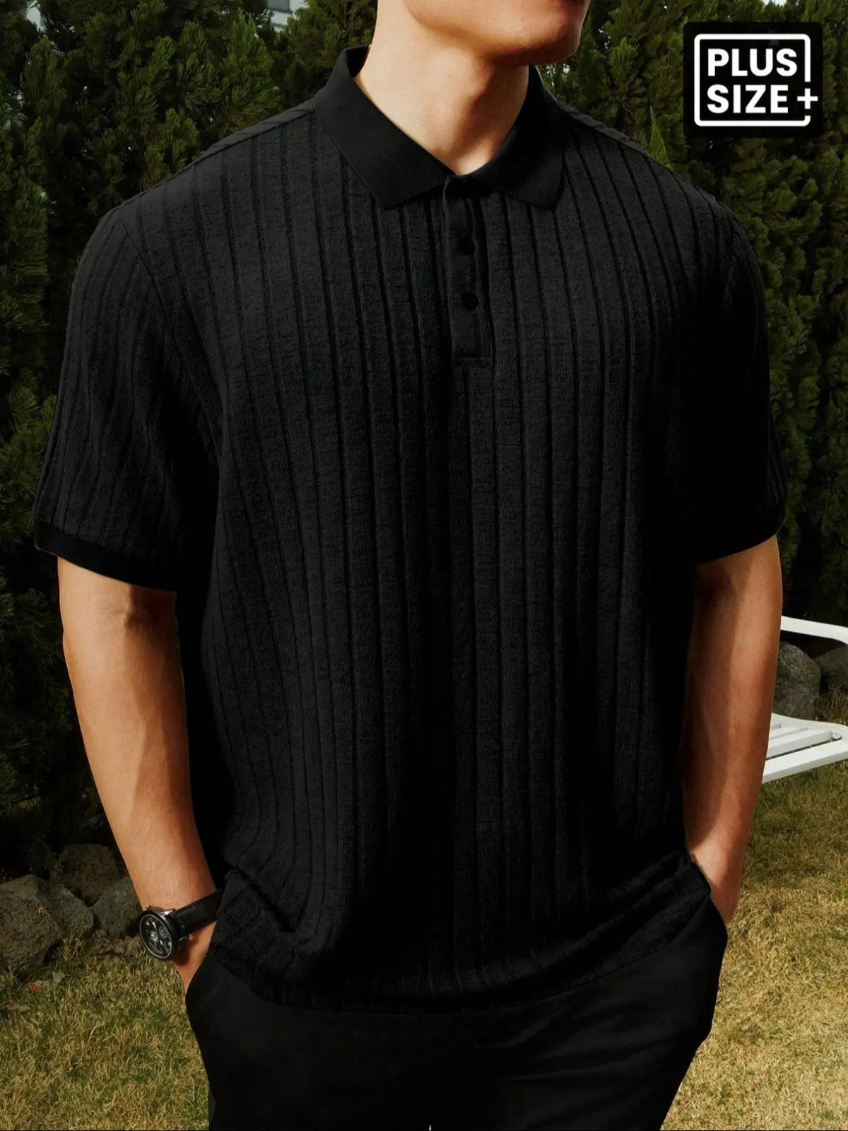 【Plus Size】Men's Plus Size Solid Rib-Knit Casual Polo Shirt, Plain Collar Shirt, Formal, Short Sleeve, Summer, Collared Polo Shirt, Plain Polo Shirts, Summer Polos