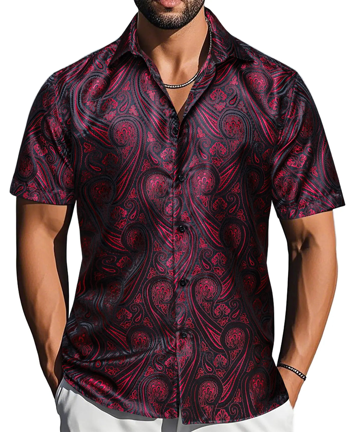 Ailisus Men's Slim Fit Paisley Shirt, Short Sleeve Casual Button-Down Polyester Top for Wedding & Party Wear, Shortsleeve, Men's Casual Shirts, Fabric, Slim Fit Ease, Wash‑Resists Pilling