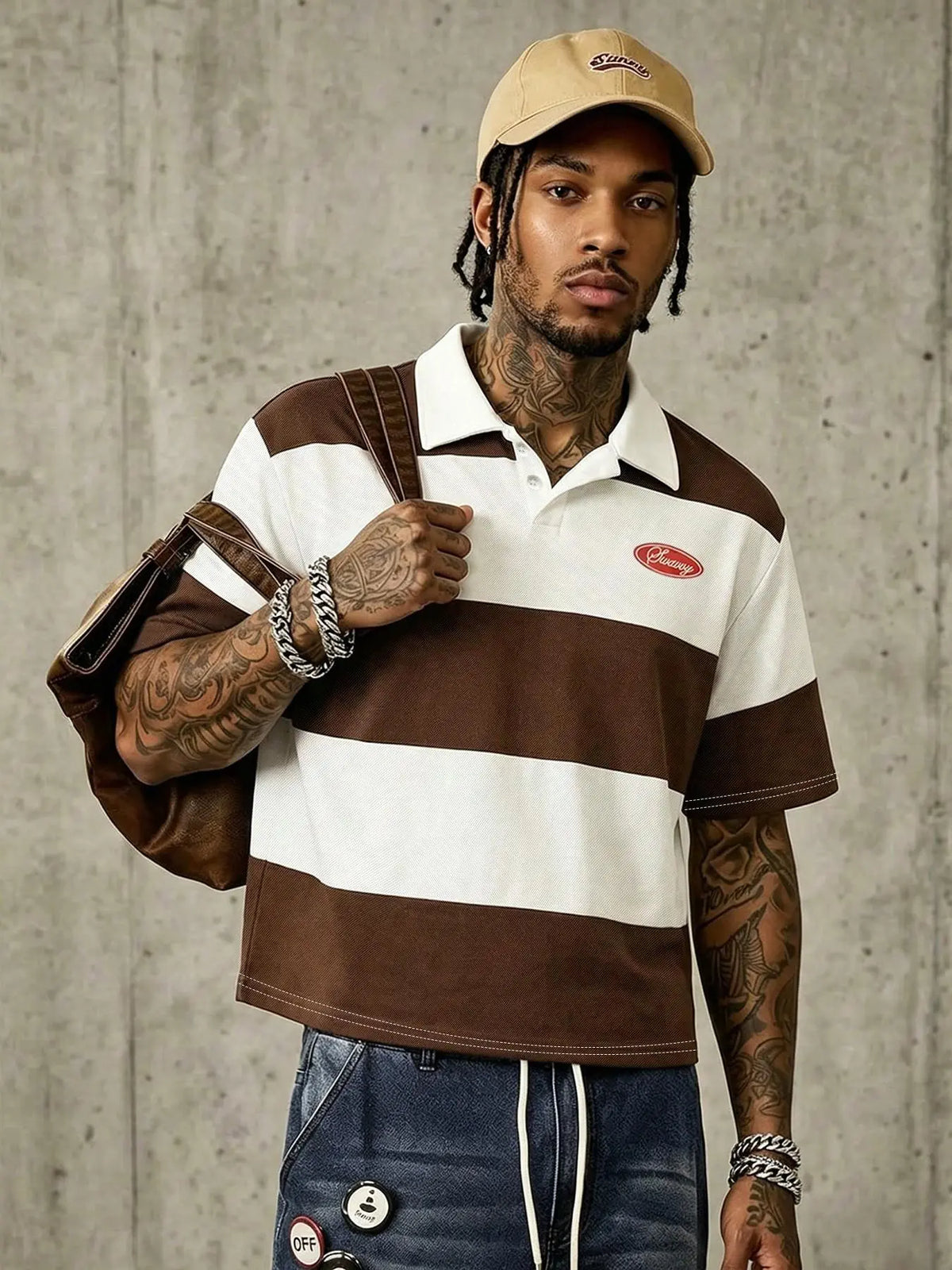 American College Style Classic Casual Striped Polo Streetwear, Casual Polo Shirts, Loose-Fitting Turn-Down Collar Short-Sleeve T-Shirt, Versatile Top for Men, Menswear