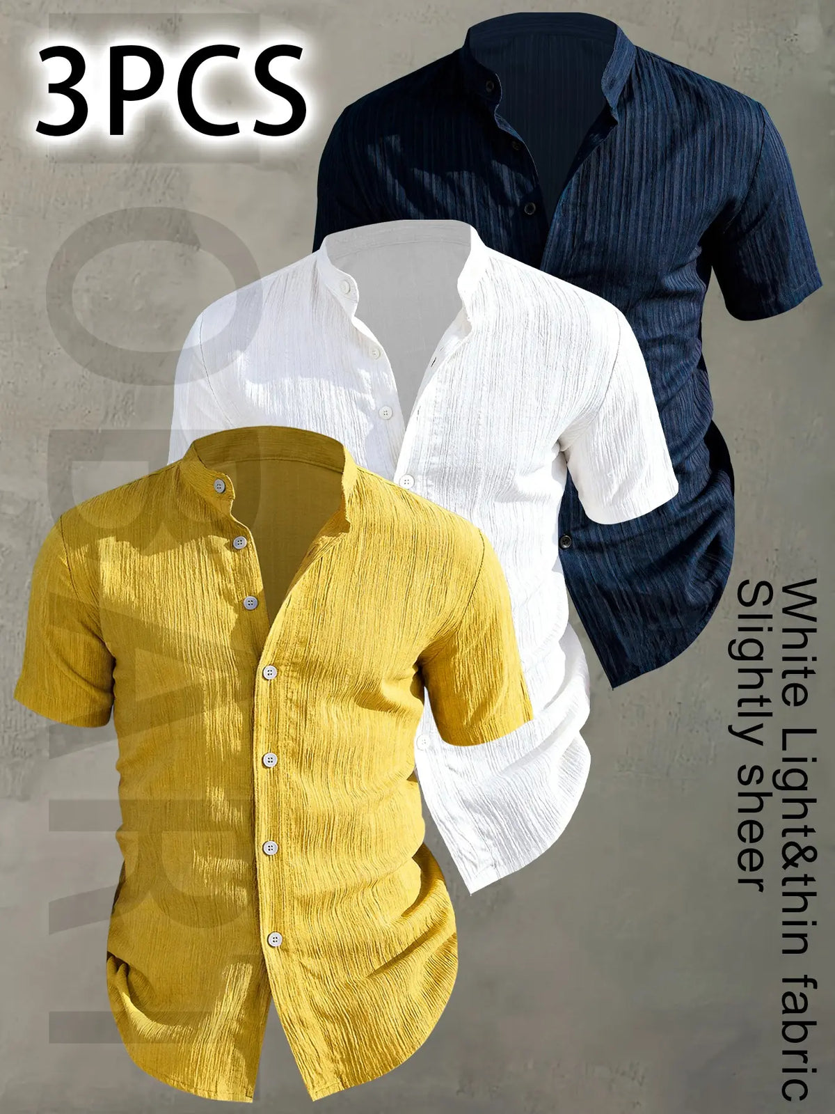 3pcs Set Men's Summer Short Sleeve - Lightweight Breathable Plain Color Button-Up Casual Shirt with Stand Collar, Low-cut collar designr Beach Vacation, Pool Party & Casual Attire, Beach Shirt, Collared Fitted Shirt, gift for husband