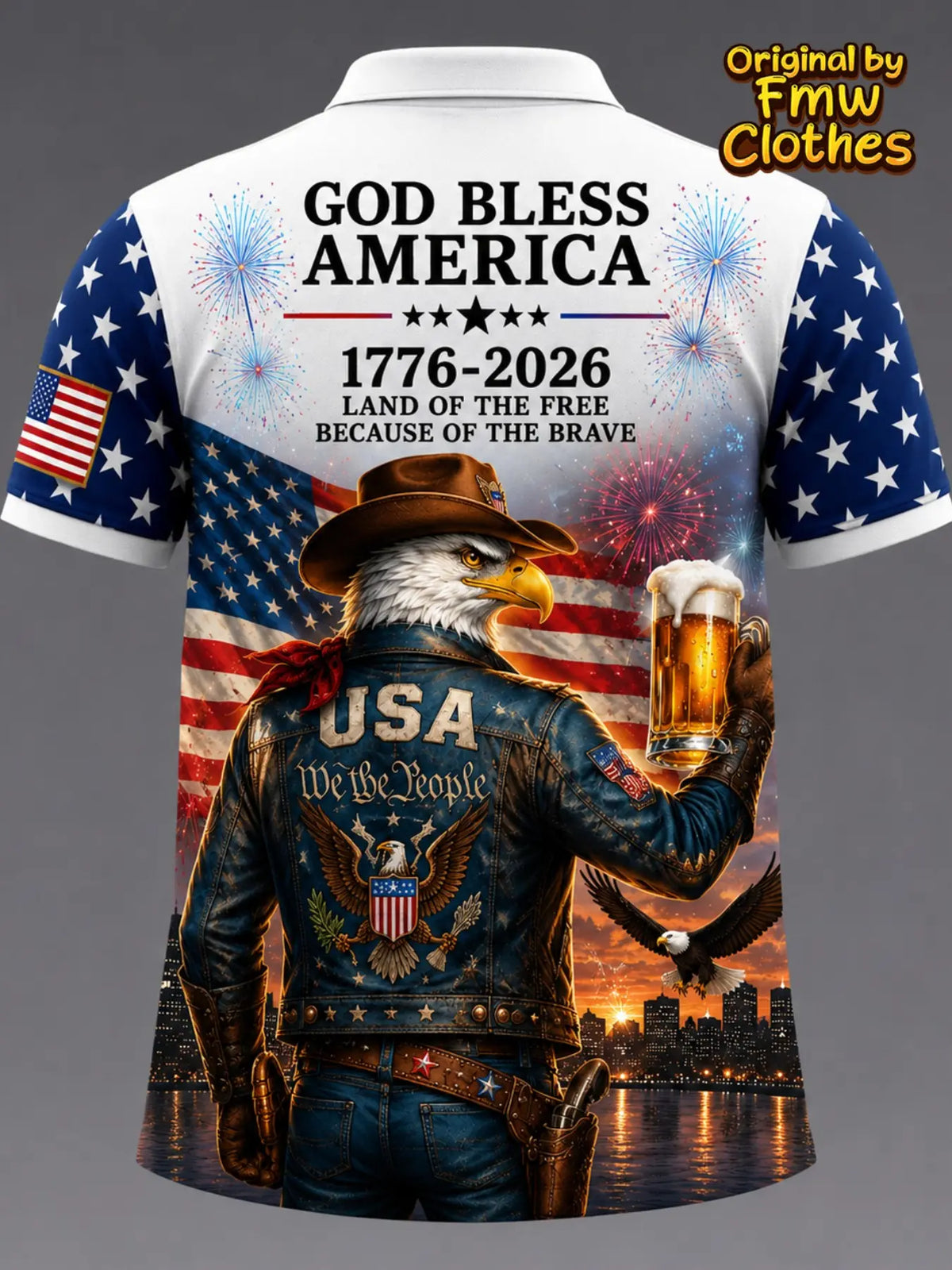 Men's 250th American Independence Day Anniversary Cowboy Eagle Beer Memorial Short Sleeve Shirt, Patriotic Casual Premium Graphic Print Polo Shirts Fitted Polo Top for All Seasons