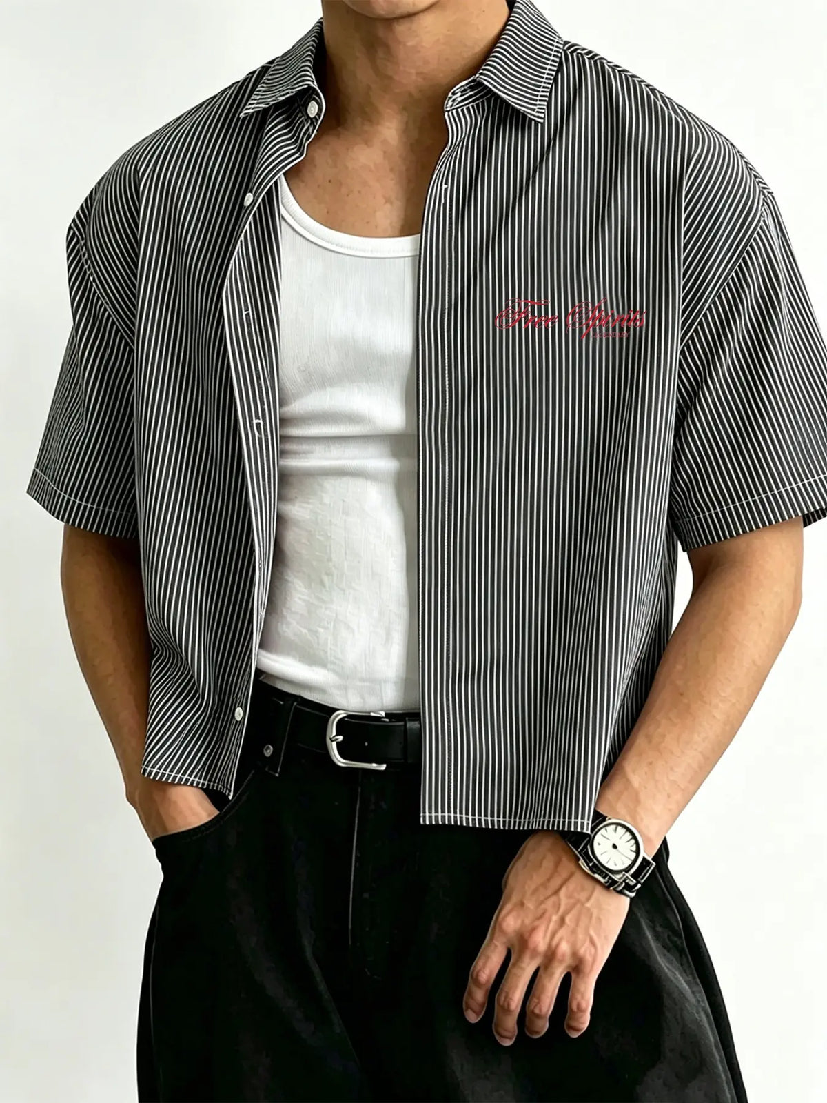 Men's Y2K pink striped short cropped short-sleeve shirt, casual loose lapel button-up top, Casual collared shirt, Classic Streetwear summer shirt, Casual Street Style, striped T-shirt for everyday wear, casual summer clothes, Menswear