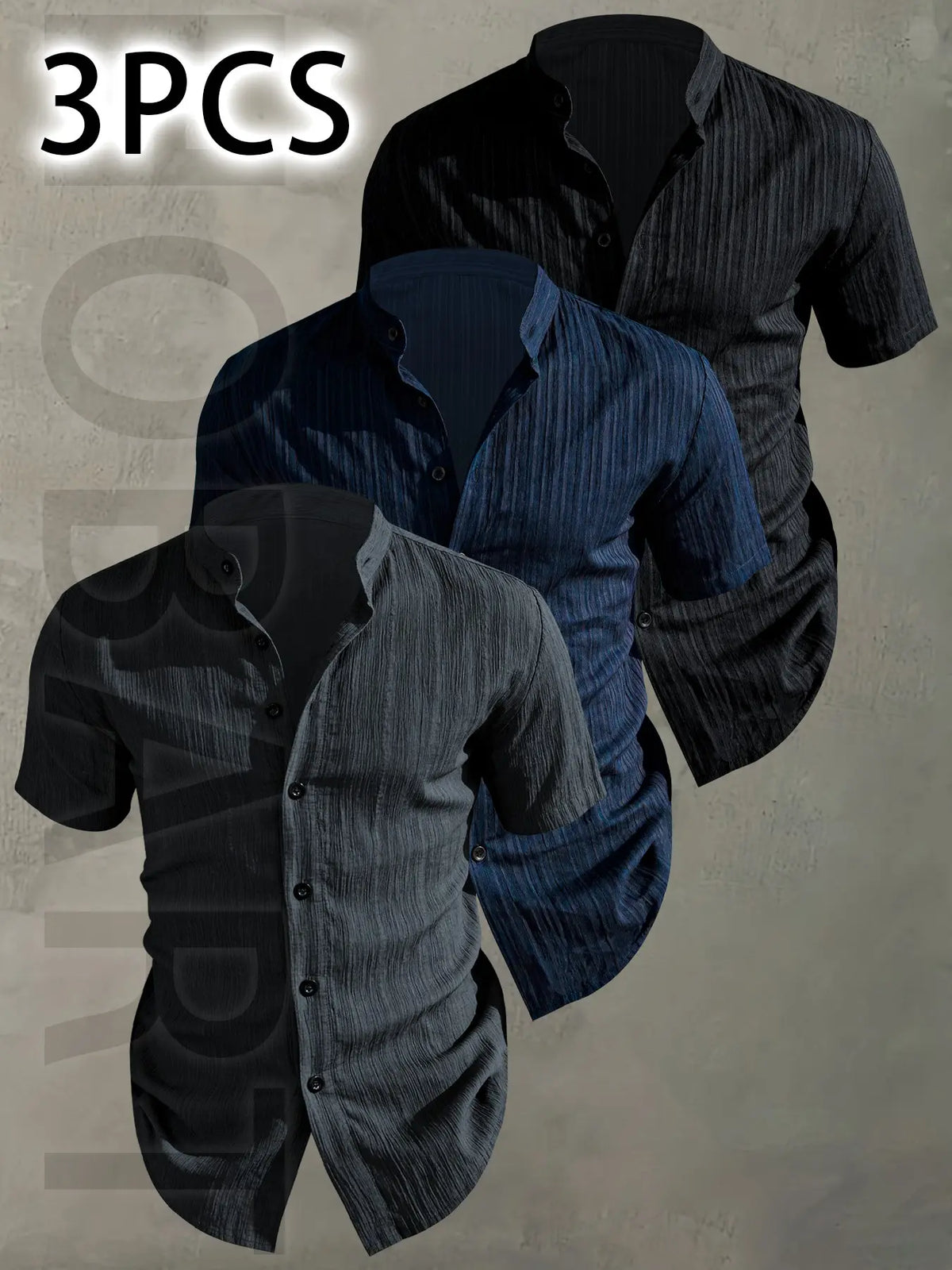 3pcs Set Men's Summer Short Sleeve - Lightweight Breathable Plain Color Button-Up Casual Shirt with Stand Collar, Low-cut collar designr Beach Vacation, Pool Party & Casual Attire, Beach Shirt, Collared Fitted Shirt, gift for husband