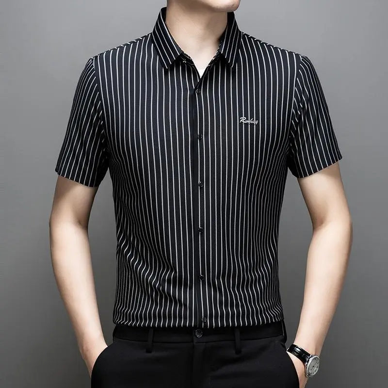 Men's Collared Short-Sleeved Formal Shirt - High-Elastic, Quick-Drying, Breathable, Wrinkle-Resistant, Expandable, Machine-Washable Classic Stripe Black Menswear with Tailored Fit - Nylon, Jersey Spandex, Polyester Top for Business Use