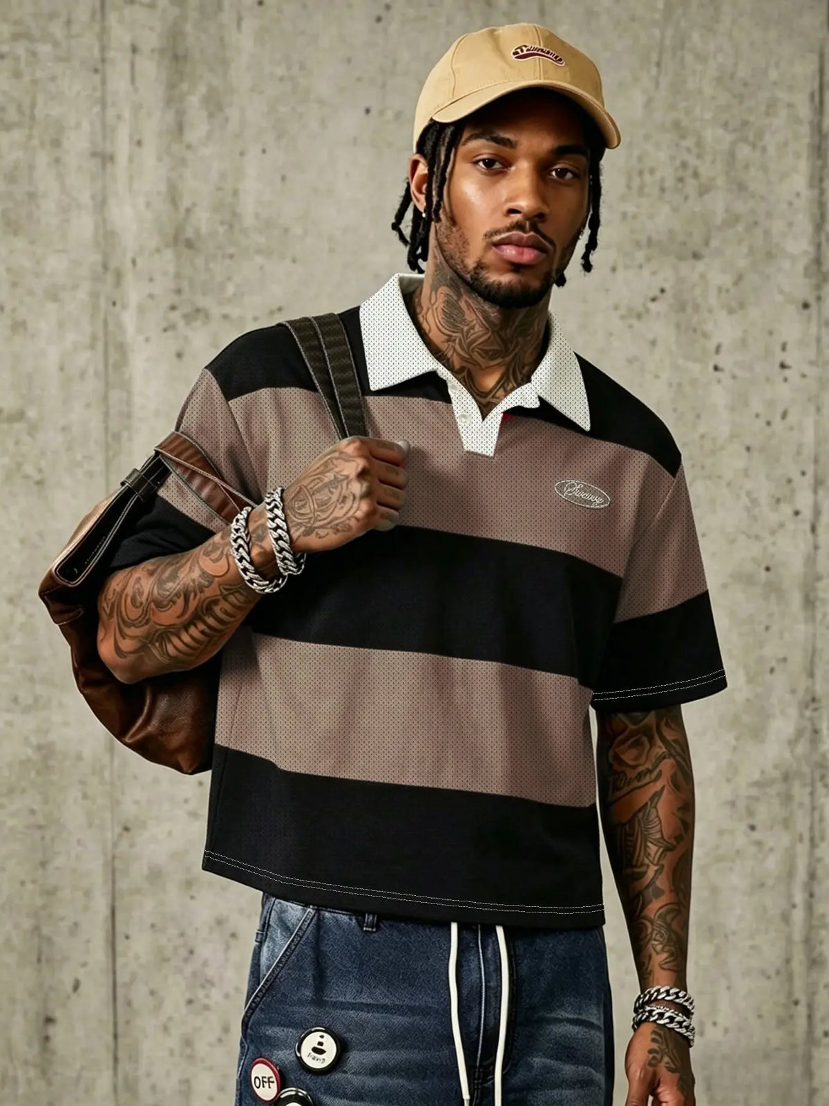 American College Style Classic Casual Striped Polo Streetwear, Casual Polo Shirts, Loose-Fitting Turn-Down Collar Short-Sleeve T-Shirt, Versatile Top for Men, Menswear