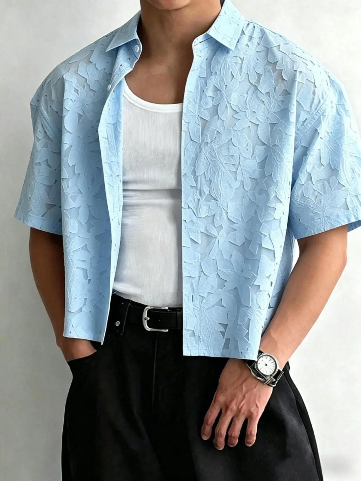 Streetrush Men's Young Street Style, Studio Style Luxury Textured Jacquard Fabric Shirt, Button Down Loose Short Sleeve Cropped Shirt, Casual Trendy Shirt, INS Hot Selling, Top, Comfortable, Casual, Suitable For Casual G, Menswear