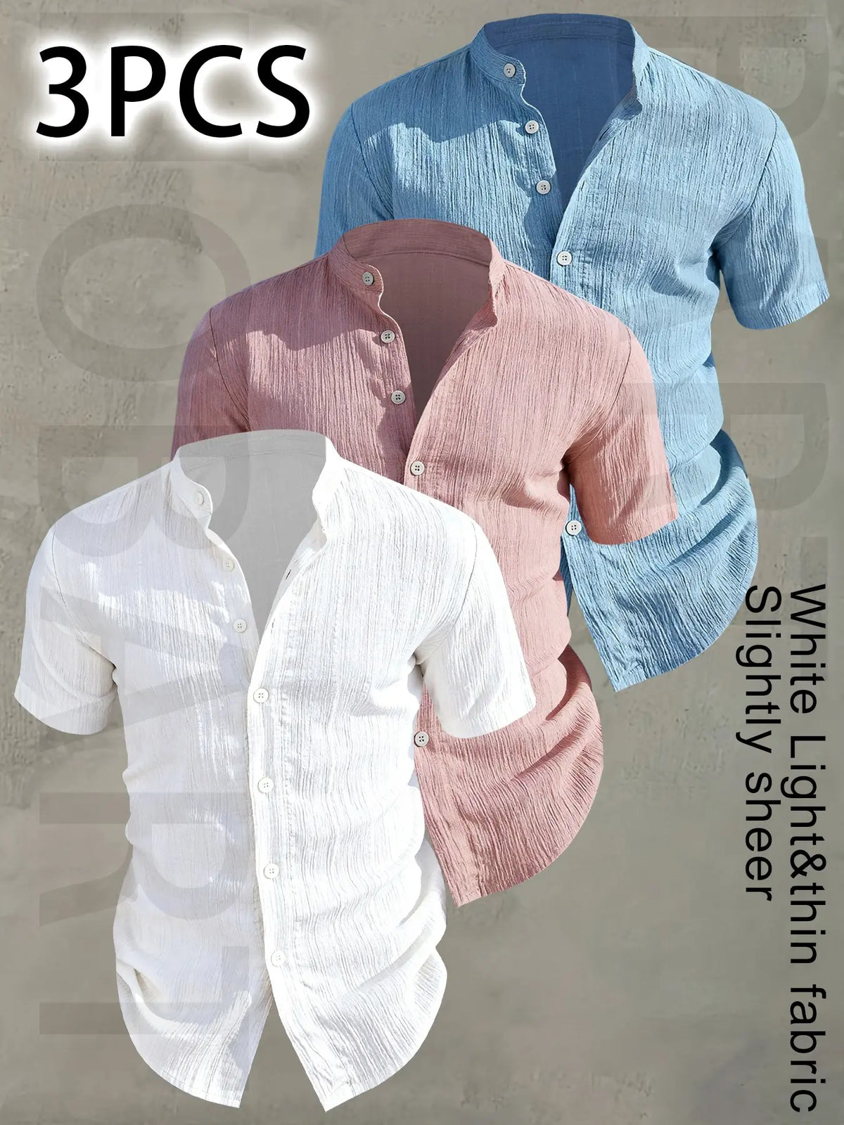 3pcs Set Men's Summer Short Sleeve - Lightweight Breathable Plain Color Button-Up Casual Shirt with Stand Collar, Low-cut collar designr Beach Vacation, Pool Party & Casual Attire, Beach Shirt, Collared Fitted Shirt, gift for husband