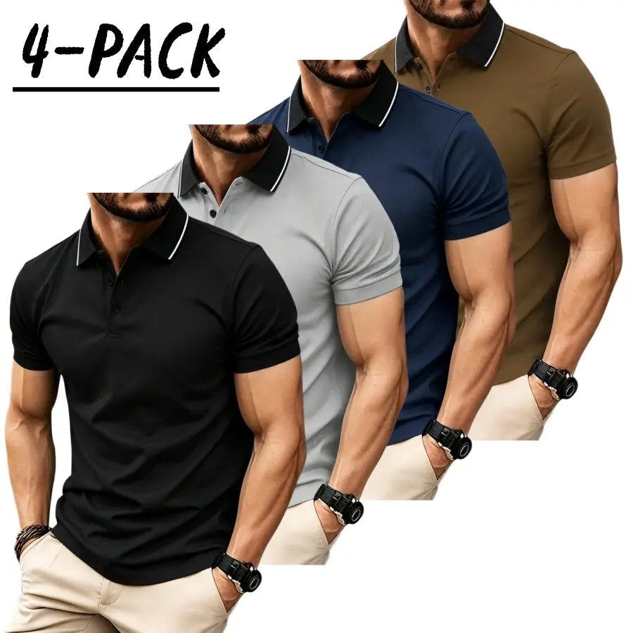 Men’s short sleeve polo shirt set of four pieces with a turn down collar and three buttons; urban casual style with contrast piping at the collar, slim tailored shoulders, and refined bead detailing. Suitable for men’s commuting, shopping, and exploring s