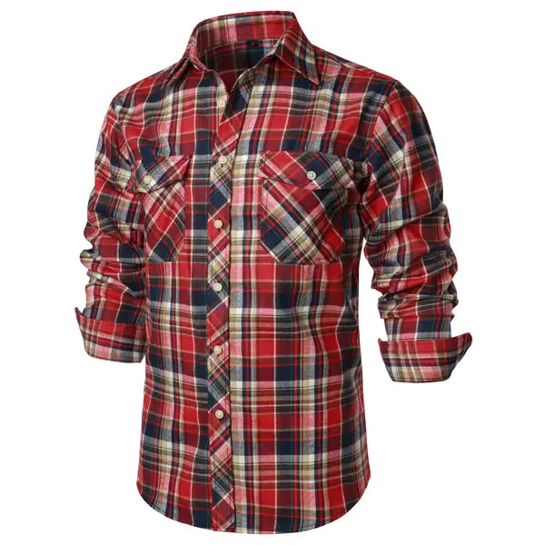 ZEROYAA Men's Plaid Flannel Shacket Tops - Classic Regular Fit, Collared Long Sleeve Button-Up Shirt with Pockets, Rayon Fabric, Button Detailing for Casual Business Wear