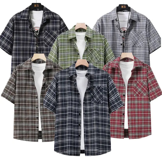 Men’s casual plaid short-sleeve shirt, 1 piece pack, button front, notched collar, chest pocket, versatile for spring/summer