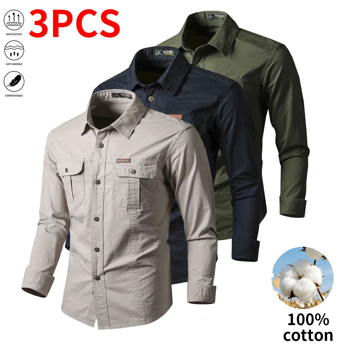 Set of three pure cotton long-sleeve work shirts for men: button-up work/utility tactical shirt for fishing and hunting; casual loose-fit long-sleeve button shirt with two pockets, suitable for outdoor hunting.