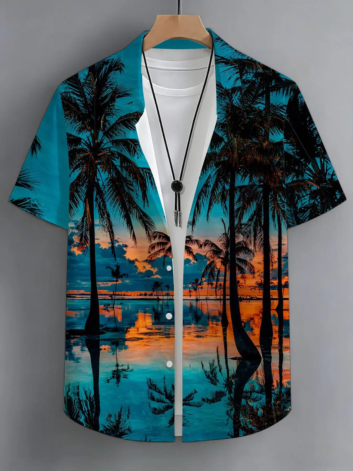 Men's Button-Down Hawaiian Collared Tropical Short-Sleeve Casual Graphic Shirt with Sunset, Coconut Grove, and Ocean View Print