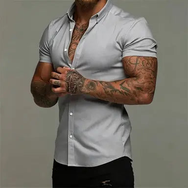 Men's Muscle Fit Short-Sleeve Collared Neck Dress Shirt - Plain, Wrinkle-Free Retro Tribal Button-Down Top, Casual Menswear Cardigan-Inspired Shirt