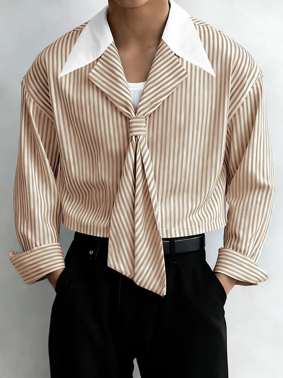 INCERUN Men's Striped Contrast Lapel Collared Long Sleeve Short Shirt, Menswear, Perfect for Daily Wear, Stylish and Comfortable, Ideal for Casual, Casual Stylish Clothing