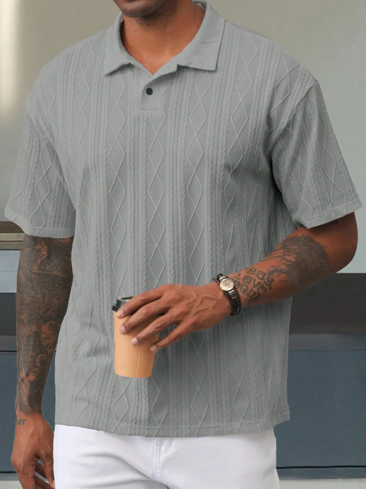 Men's Textured Design Knitted Polo Shirt, Casual Summer Fitted Plain Short Sleeve Top, Soft Breathable Fabric, Trendy Daily Wear, Casual Polo Shirts
