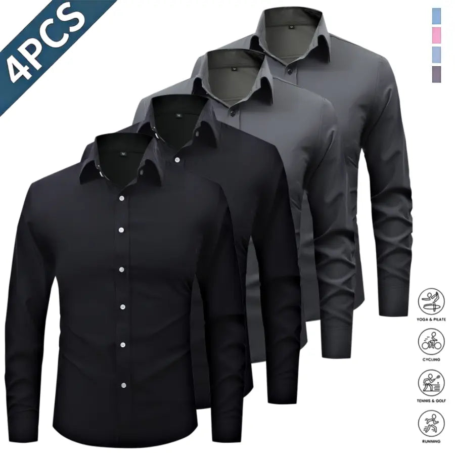 Men’s Solid-Color Long-Sleeve Shirts (4-Pack) - Fashion Apparel with Notched Lapel Collar, Comfortable Neck Button Placement, Sharp Structured Fit, Stretch Fabric, Mens Gifts for Fathers Day, 4 Shirts Refresh Your Rotation