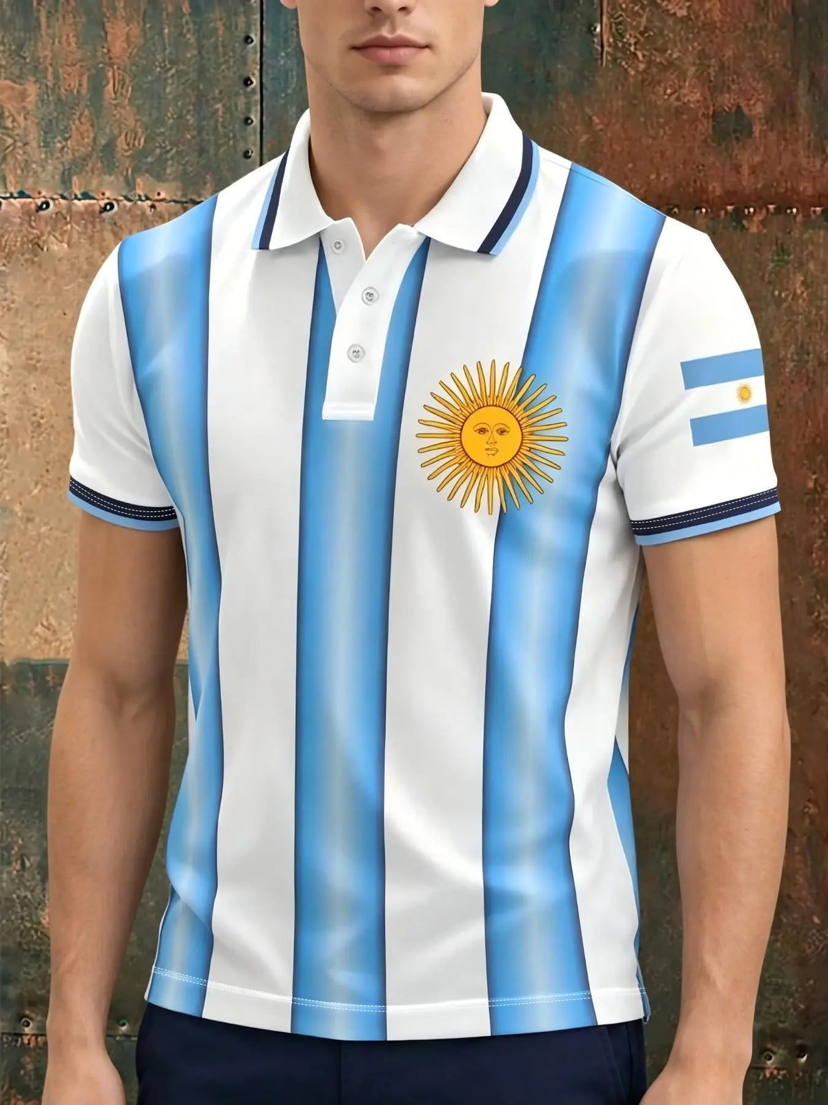 Men's Argentina-Themed Polo Shirt, Striped Polo Tee, Blue Striped Sun-Print Short-Sleeve Top, Summer Fan Fashion Casual Slim-Fit T-Shirt