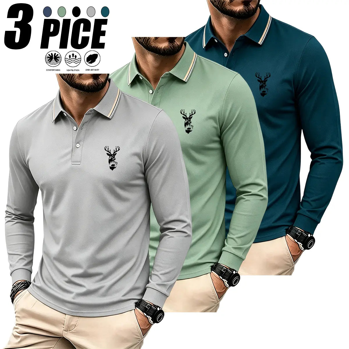 Men's 3-Pack Regular Fit Long-Sleeve Printed Preppy Retro Polo Shirts, Lightweight Breathable Casual Fit Collared Sporty Tops for Casual Wear