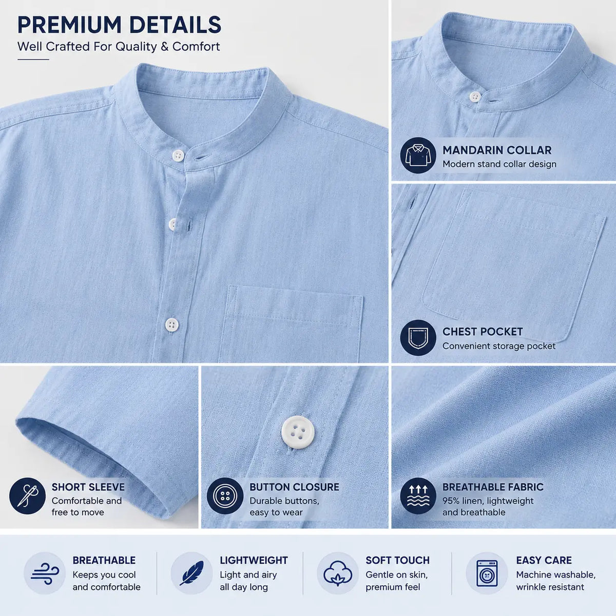 Men's Linen Blend Short Sleeve Button Down Shirt, Mandarin Collar, Lightweight Breathable Tops for Summer Beach, Menswear Plain Stylish Pocket Shirt
