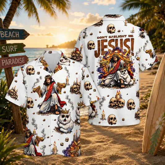 Men's Polyester Lightweight Collared Neck Loose-Fitting All Over Print Uzi Jesus Don’t Gaslight Me Hawaiian Shirt - Dungeon Crawler Carl, Fantasy Reader, Princess Donut Fan Top, Outdoors