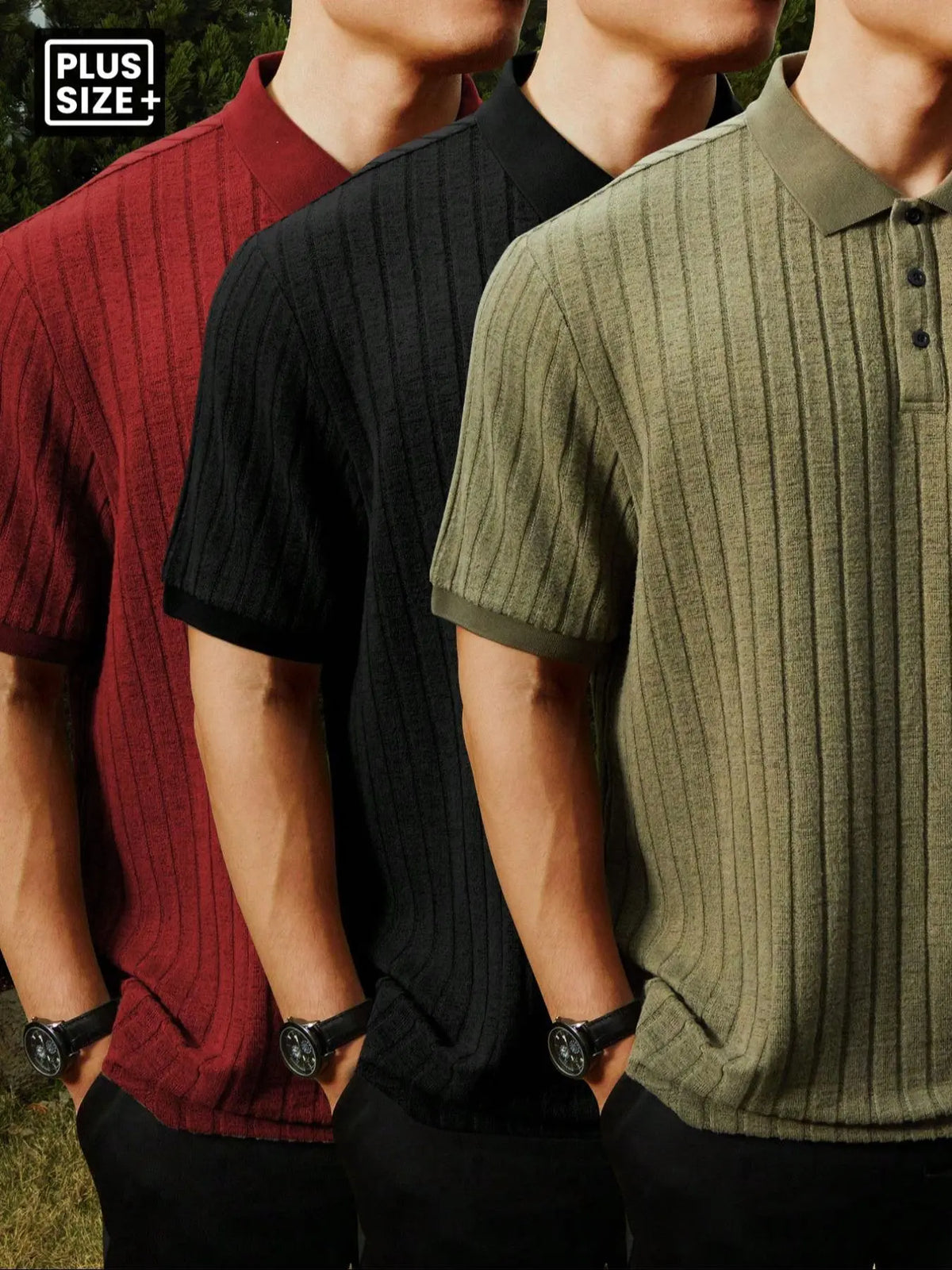 【Plus Size】Men's Plus Size Solid Rib-Knit Casual Polo Shirt, Plain Collar Shirt, Formal, Short Sleeve, Summer, Collared Polo Shirt, Plain Polo Shirts, Summer Polos