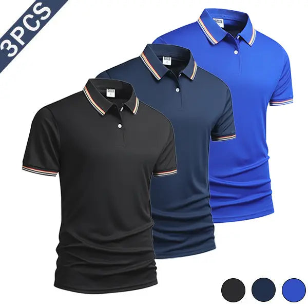 Men's 3-Piece Summer Polo Shirt Set, Polyester Fiber Fabric with Striped Sleeve Cuffs, Sporty Chic Smart Casual Top for Men's Clothing, Casual & Outdoor Use