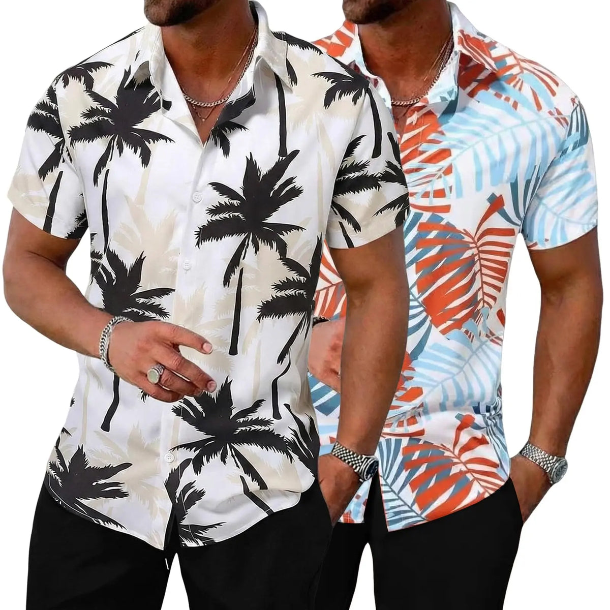 Gihuo 2 Pack Beach Shirts for Men Short Sleeve Button Down Tropical Print Summer Hawaiian Shirt Casual Menswear Top Short Sleeve Collared Wetsuit tees T-Shirt outfit Tshirt Trouser Sun Breathable