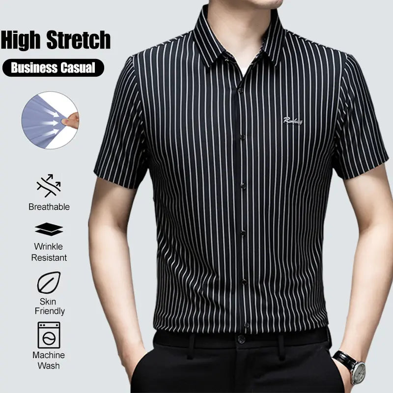 Men's Collared Short-Sleeved Formal Shirt - High-Elastic, Quick-Drying, Breathable, Wrinkle-Resistant, Expandable, Machine-Washable Classic Stripe Black Menswear with Tailored Fit - Nylon, Jersey Spandex, Polyester Top for Business Use