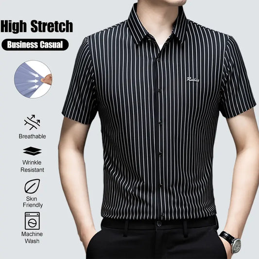 Men's Collared Short-Sleeved Formal Shirt - High-Elastic, Quick-Drying, Breathable, Wrinkle-Resistant, Expandable, Machine-Washable Classic Stripe Black Menswear with Tailored Fit - Nylon, Jersey Spandex, Polyester Top for Business Use