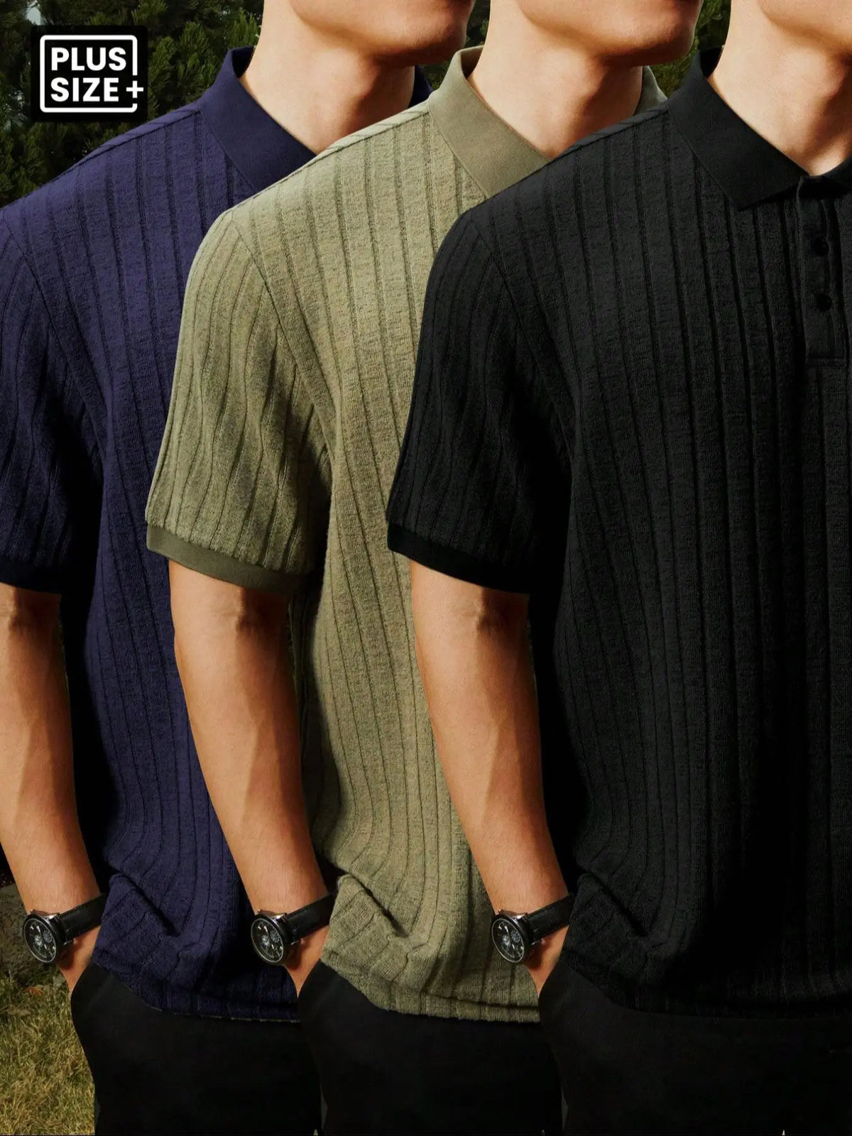 【Plus Size】Men's Plus Size Solid Rib-Knit Casual Polo Shirt, Plain Collar Shirt, Formal, Short Sleeve, Summer, Collared Polo Shirt, Plain Polo Shirts, Summer Polos