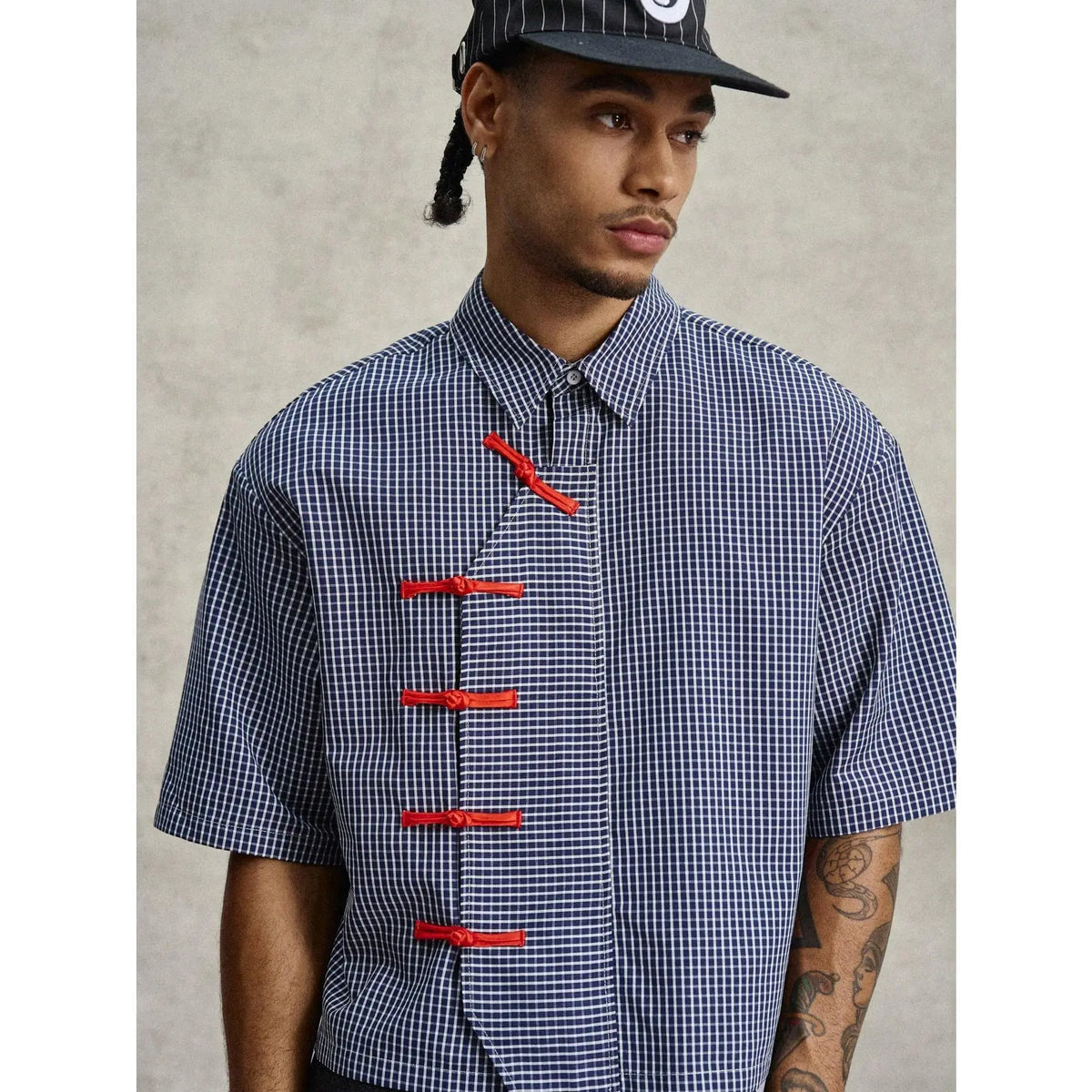Men's Black And White Plaid Summer Streetwear City Break Short Sleeve Chinese-Style Button-Up Retro Oblique Collar Shirt