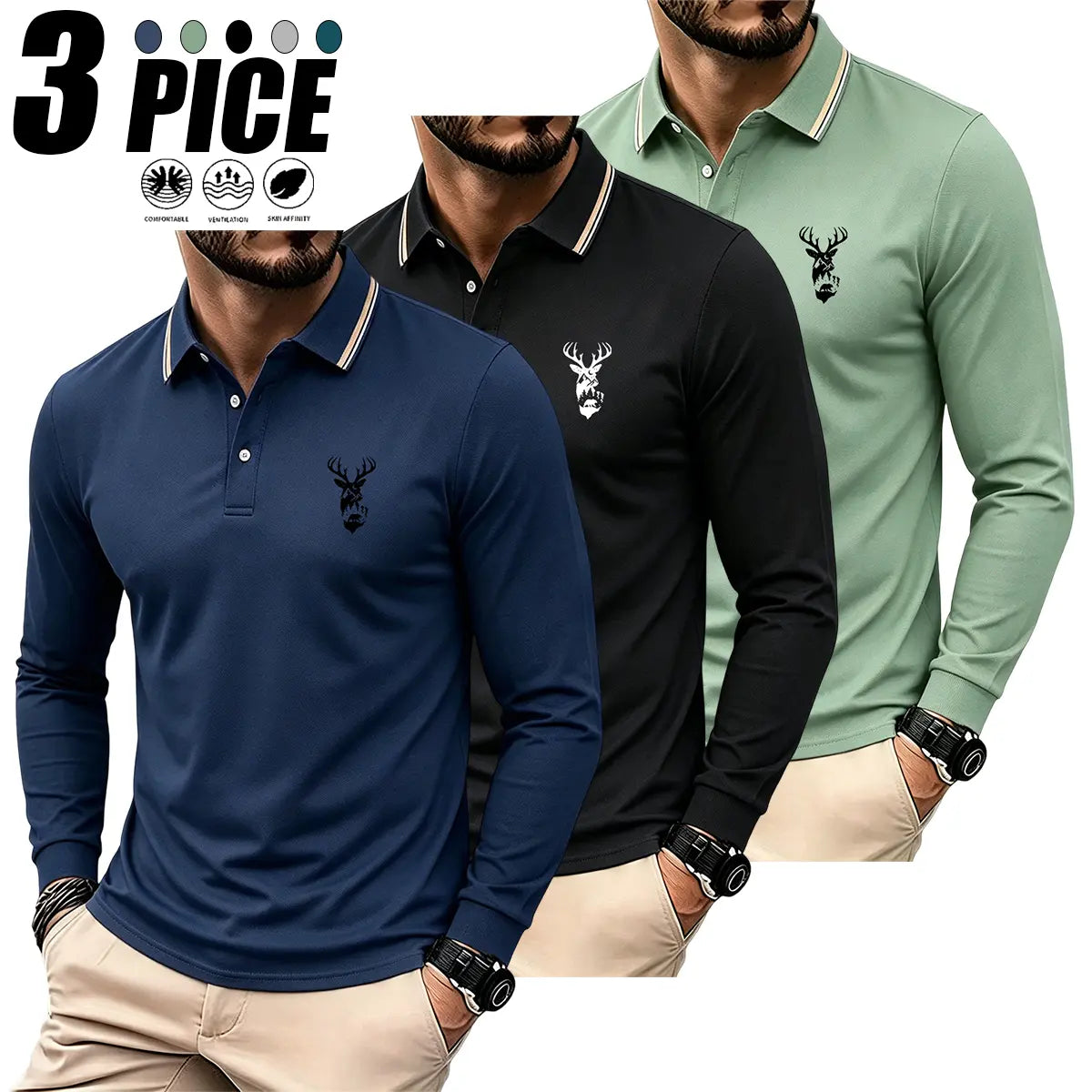 Men's 3-Pack Regular Fit Long-Sleeve Printed Preppy Retro Polo Shirts, Lightweight Breathable Casual Fit Collared Sporty Tops for Casual Wear