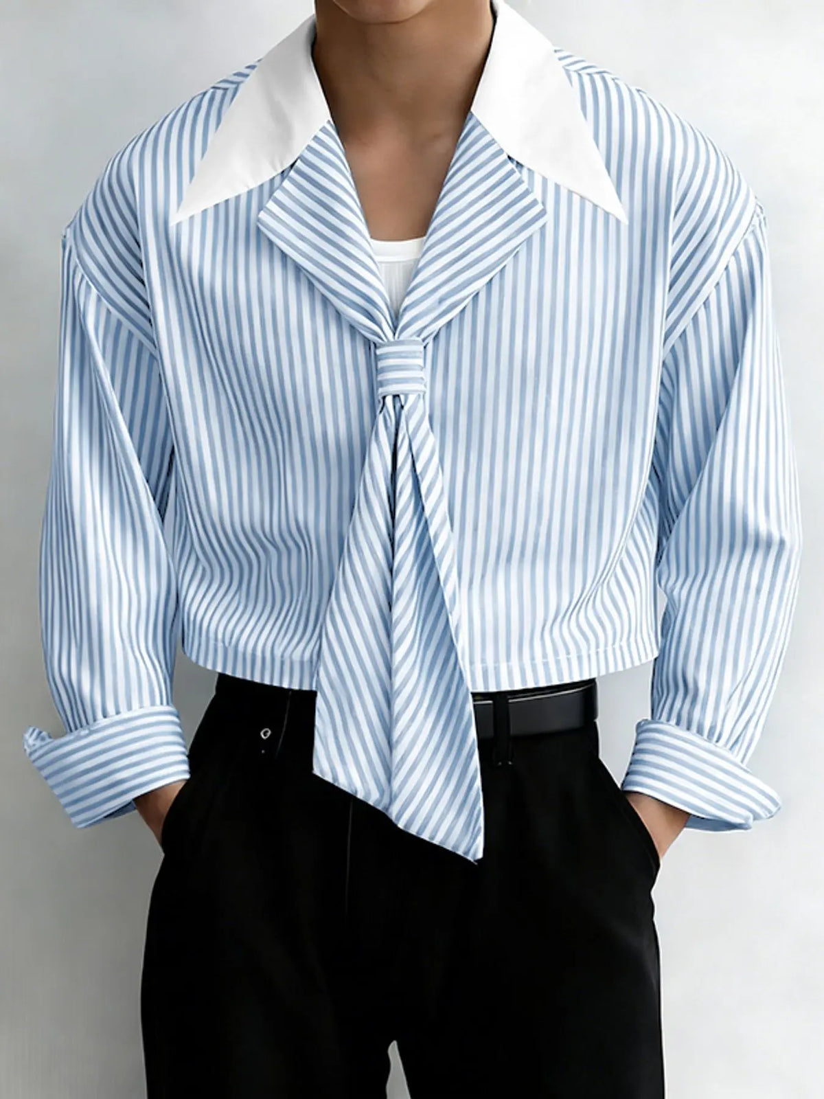 INCERUN Men's Striped Contrast Lapel Collared Long Sleeve Short Shirt, Menswear, Perfect for Daily Wear, Stylish and Comfortable, Ideal for Casual, Casual Stylish Clothing
