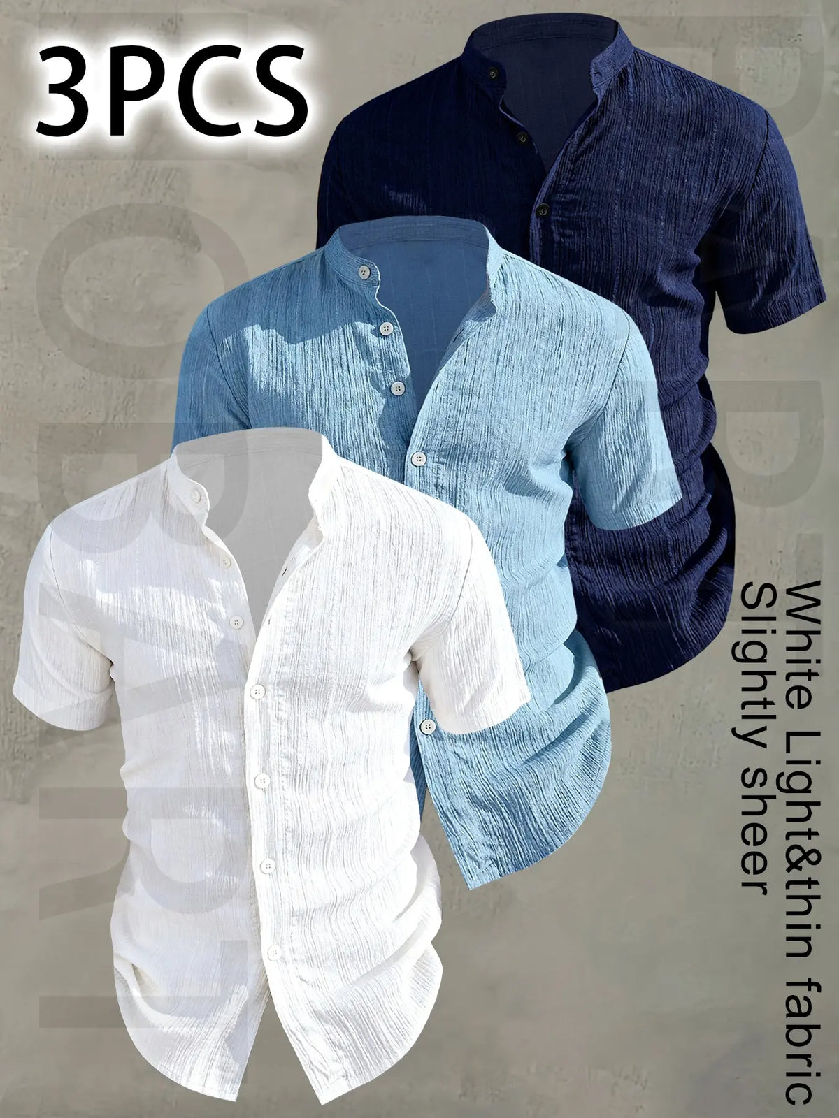 3pcs Set Men's Summer Short Sleeve - Lightweight Breathable Plain Color Button-Up Casual Shirt with Stand Collar, Low-cut collar designr Beach Vacation, Pool Party & Casual Attire, Beach Shirt, Collared Fitted Shirt, gift for husband