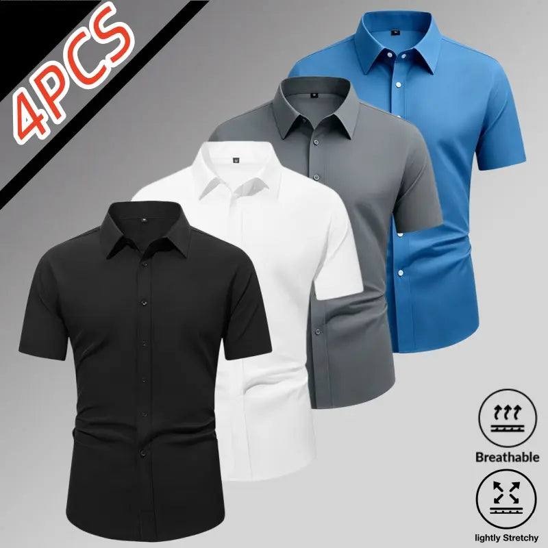Sohochic Men’s 4-Pack Ice Silk High-Stretch Short Sleeve Shirts - Top Wardrobe Staples, Slim-Fit Button-Front Turn-Down Collar, Summer Breathable Skin-Friendly Drapey No-Iron Business Commuter Shirts