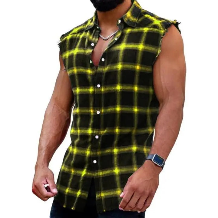PASLTER Men's Cooler Sleeveless Checked Plaid Front Style Cotton Casual Fashion Shirt, Button-Down Cowboy Vest Top, Men's Clothing B1Y009,clothes for back to school,first day of school outfits