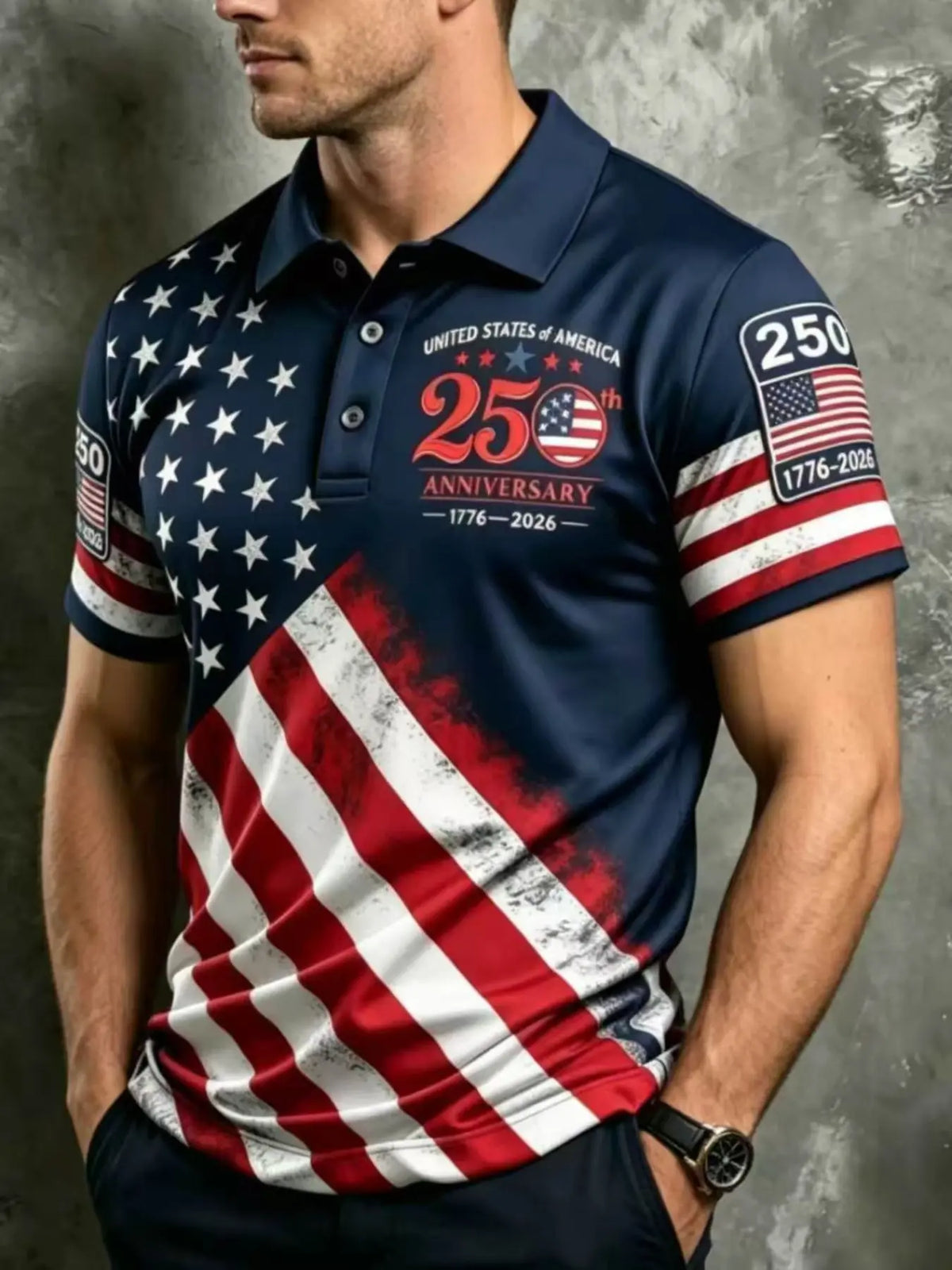 Men's 250th Anniversary American Flag Graphic Polo Style Shirt, Festive USA Flag Stars & Stripes Slim-Fit Short Sleeve Outdoor Golf Shirt, Casual Top