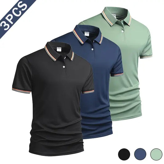Men's 3-Piece Summer Polo Shirt Set, Polyester Fiber Fabric with Striped Sleeve Cuffs, Sporty Chic Smart Casual Top for Men's Clothing, Casual & Outdoor Use